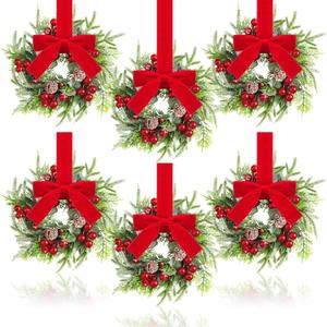 Dingion 6 Pcs Mini Christmas Kitchen Cabinet Wreath Small Christmas Wreath Decorations Norfolk Pine Artificial Berries Snowy Pine Garland with Red Ribbon for Xmas Table Centerpiece Front Door Decor