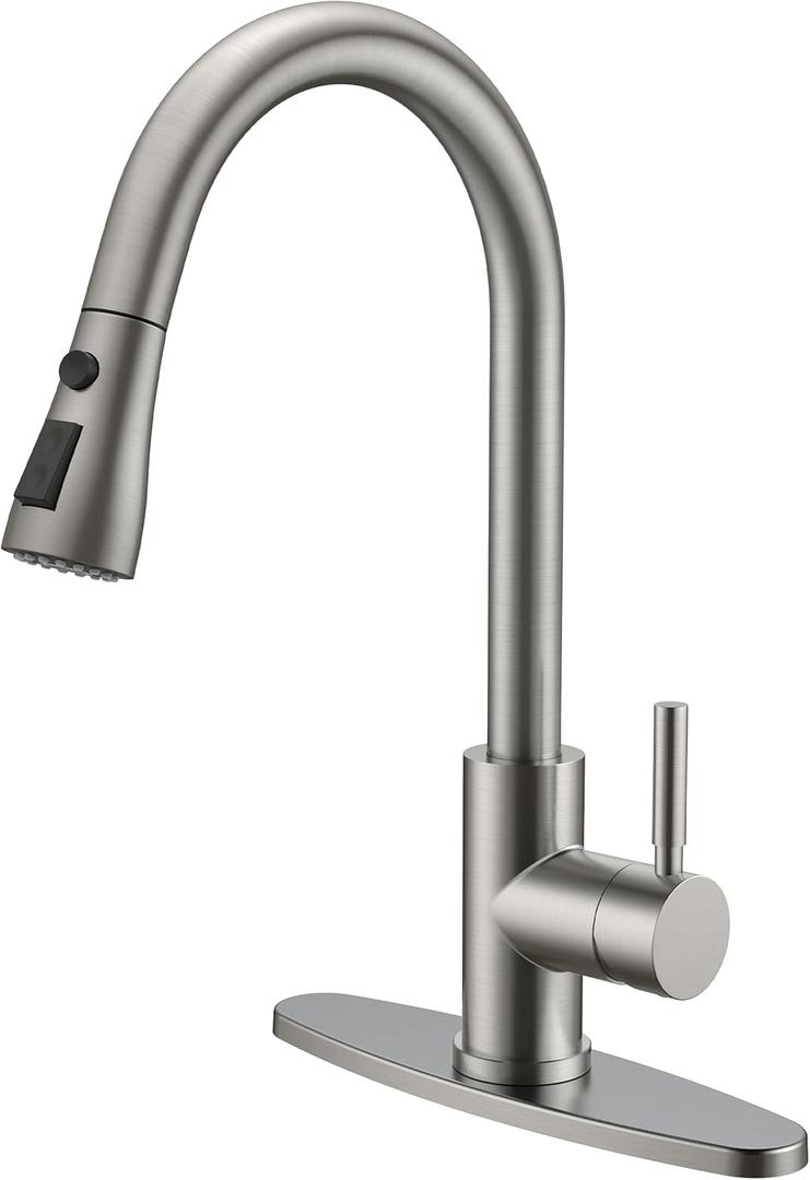 QFN Kitchen Faucet with Pull Down Sprayer Brushed Nickel, High Arc Single Handle Single Level Stainless Steel Pull Out Sink Faucet for Farmouse Camper RV Bar, Fit for 1 or 3 Hole