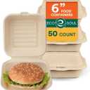 ECO SOUL 100% Compostable Clamshell Take Out Food Containers [6X6 50-Pack] Heavy-Duty Disposable To Go Containers, Eco-Friendly, Biodegradable Takeout Containers With Lid