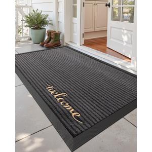 DEXI Front Door Mat Outside Entrance, 3x5 ft Rubber Entry Doormat Heavy Duty, Non Slip Welcome Mats for Inside House Floor Entryway Exterior Patio, Welcome Grey