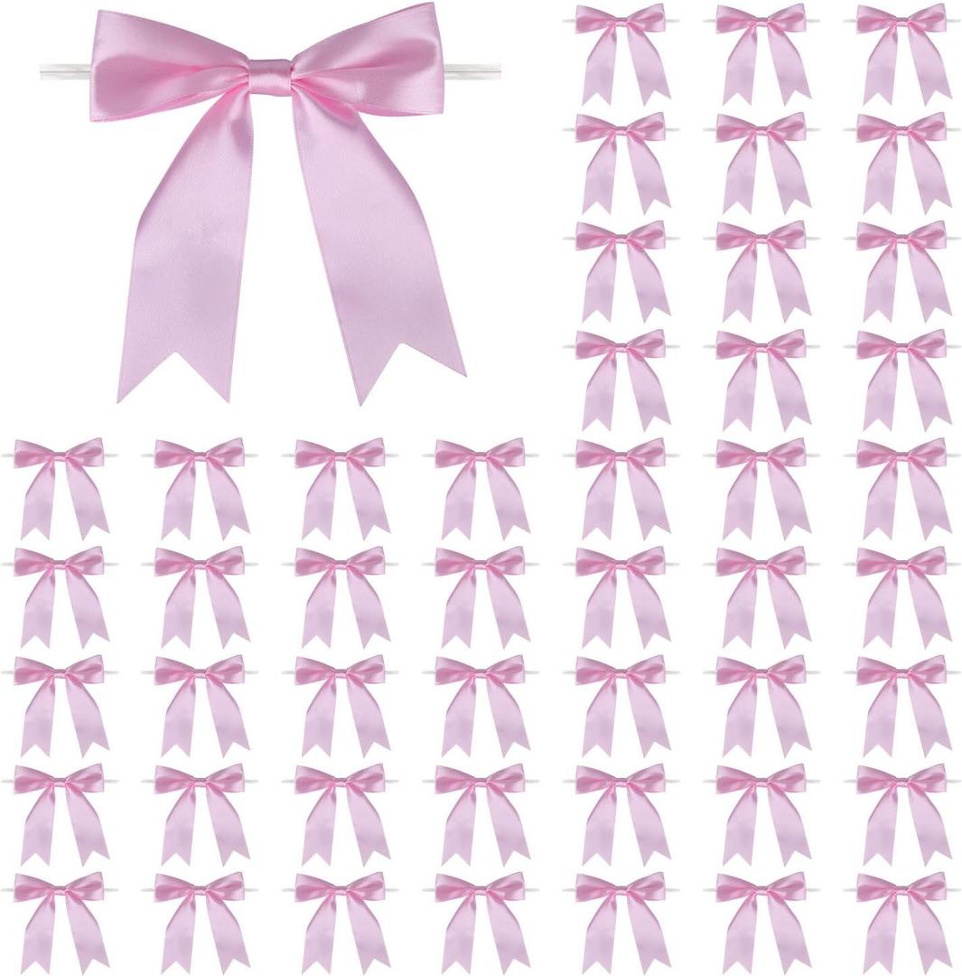 50 Pcs 5 Inches Twist Tie Satin Ribbon Bows Pretied Premade Craft Bows for Treat Bags Gift Wrapping Basket Wedding Baby Shower Brithday Christmas Party (Pink)