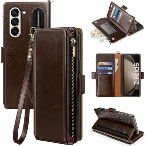 Antsturdy Compatible with Samsung Galaxy Z Fold 5 Case Wallet Women withS Pen Holder Phone Case with Card Holder Strap PU Leather RFID Blocking Flip Protective Cover Credit Slots Men,Coffee
