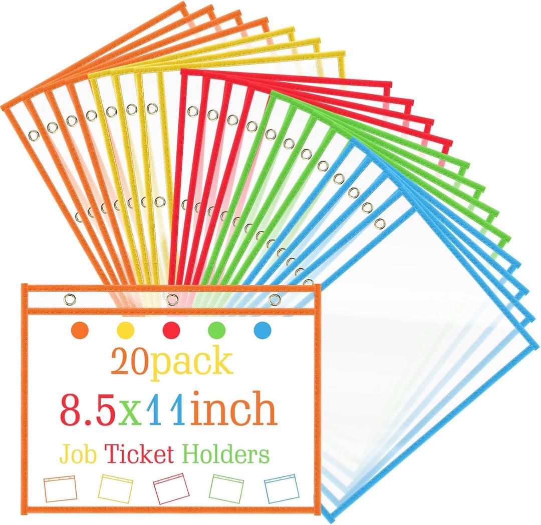 Resurhang 20 Pcs Horizontal Job Ticket Holders 8.5x11, 3 Rings Dry Erase Pocket Sleeves Work Order Plastic Sleeves Landscape Shop Ticket Holders for Classroom Office School Document, Clear (Colorful)