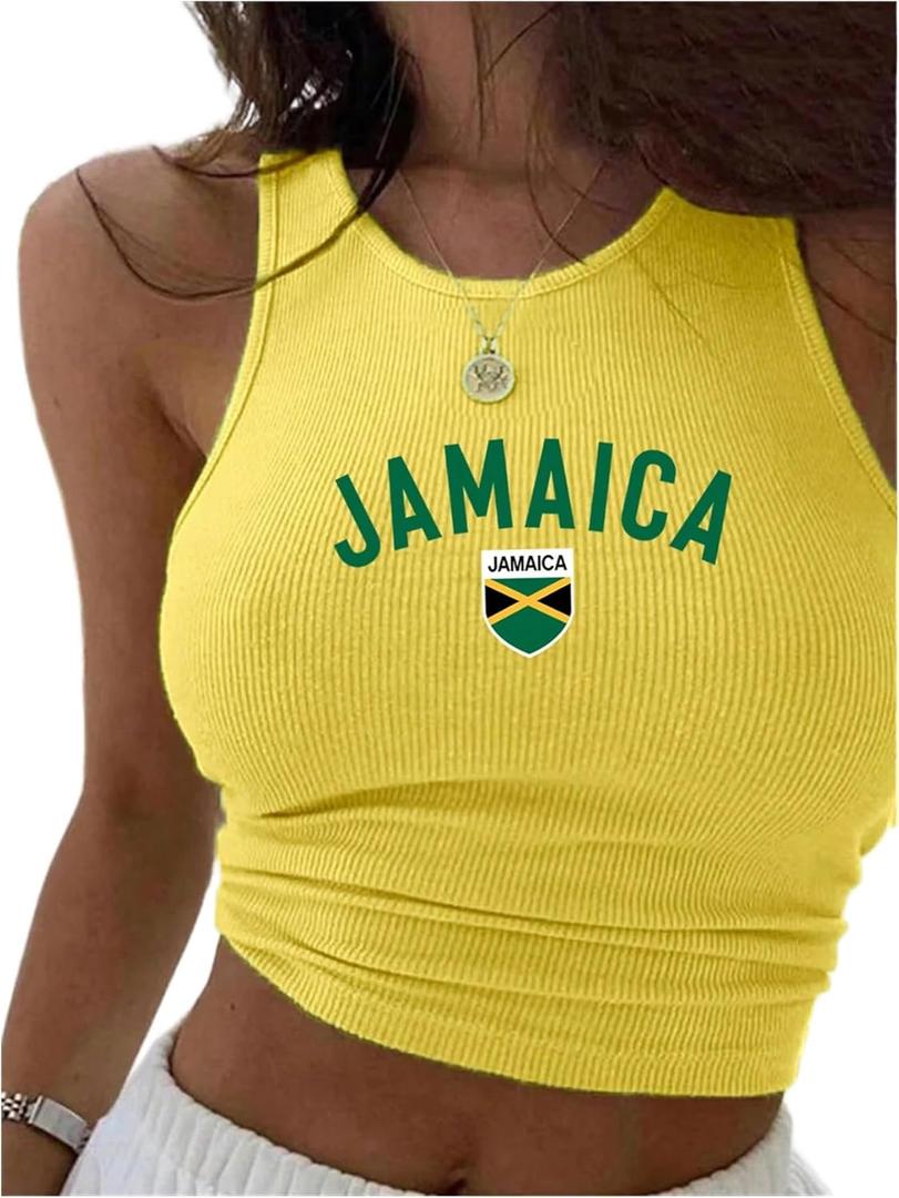 WDIRARA Women's Graphic Print Crop Tank Tops Crew Neck Sleeveless Slim Fit Fashion Top (Large, Yellow Jamaica)