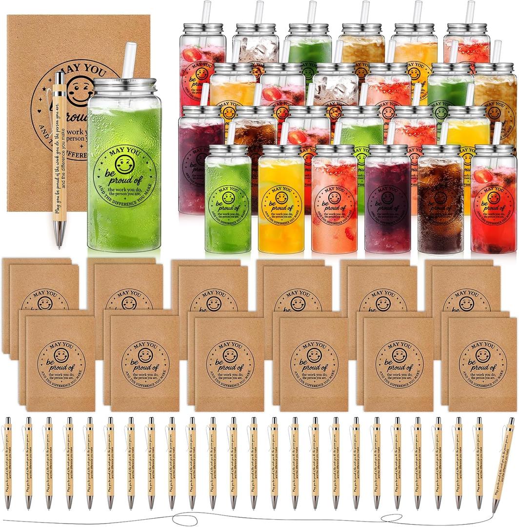 Skylety 72 Pcs Employee Appreciation Gifts Bulk 13.5oz Clear Tumblers with Lids Straws Spiral Notebooks Sticky Note Pens for Team Staff Coworker Teacher(Smile Face)