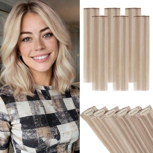 Hairro 6pcs Clip In Short Human Hair Extensions, Single Clip Design 100% Real Hair with Lace Weft, Seamless Thin Hairpieces Add Highlights, 10 Inch Short 31g #22BP613 Light Brown Mix Bleach Blonde