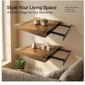 3 Color Rustic Wood Floating Shelves Set of 2, Square Wall Mounted Shelves with Invisible Metal Brackets, Heavy Duty Decorative Storage Shelf for Bedroom, Living Room, Bathroom(Random Color)