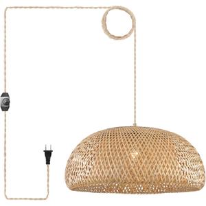 Bamboo Plug in Pendant Light with 14ft Handmade Woven Light Cord, Dimmable Switch, Rustic Basket X-Large Hanging Lamp for Bedroom Kitchen Island Dining Room Living Room, 23.6 inch Width