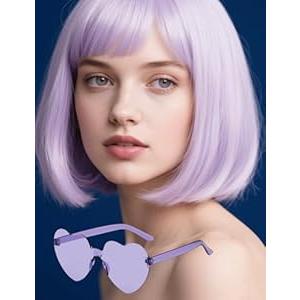 FSLLZCJY Light Purple Bob Wig with Heart Sunglasses - Heat-Resistant, Synthetic Fiber, Adjustable and Natural Looking