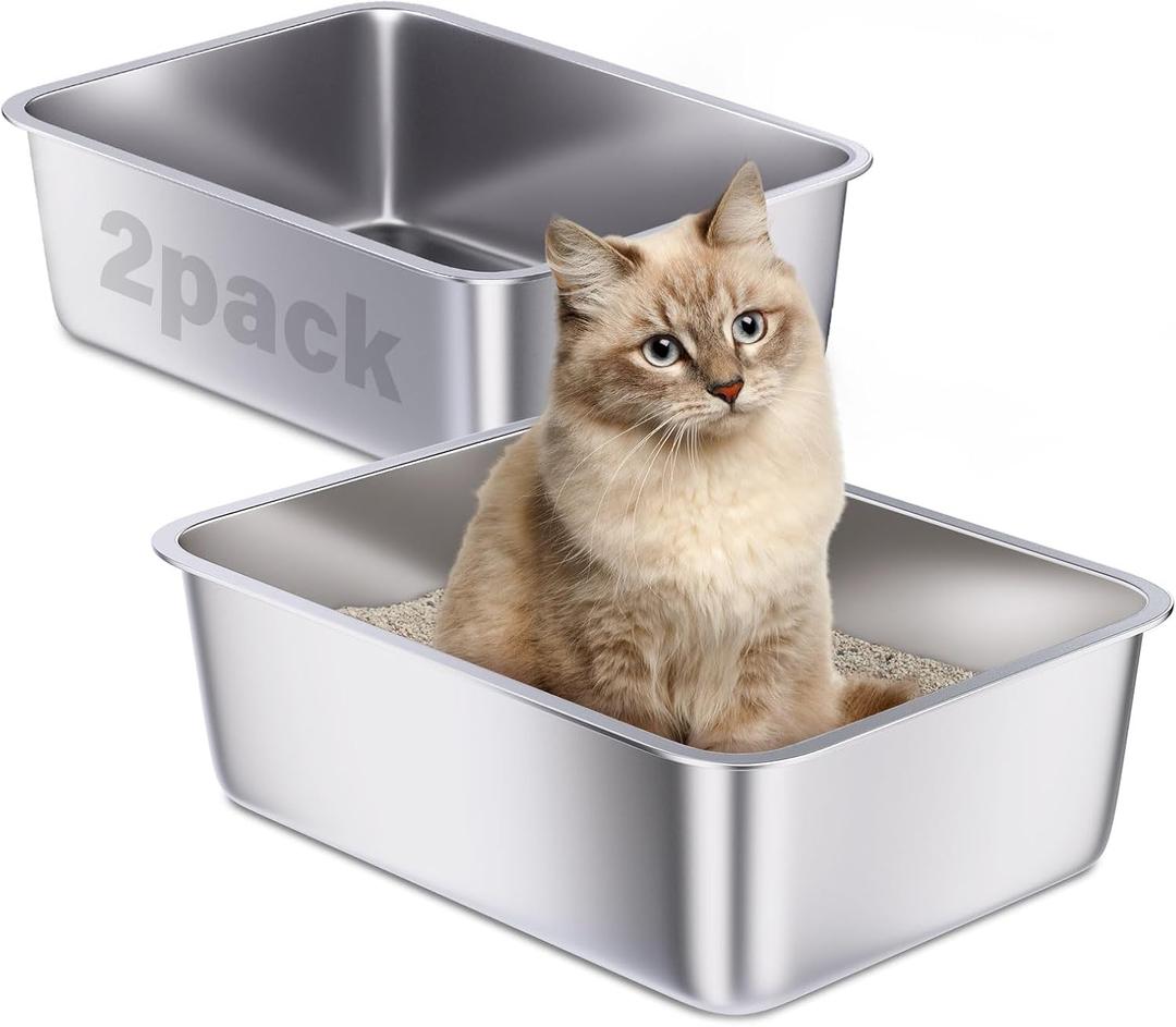 Holintan Stainless Steel Litter Box 2 Pack, Metal Cat Litter Box