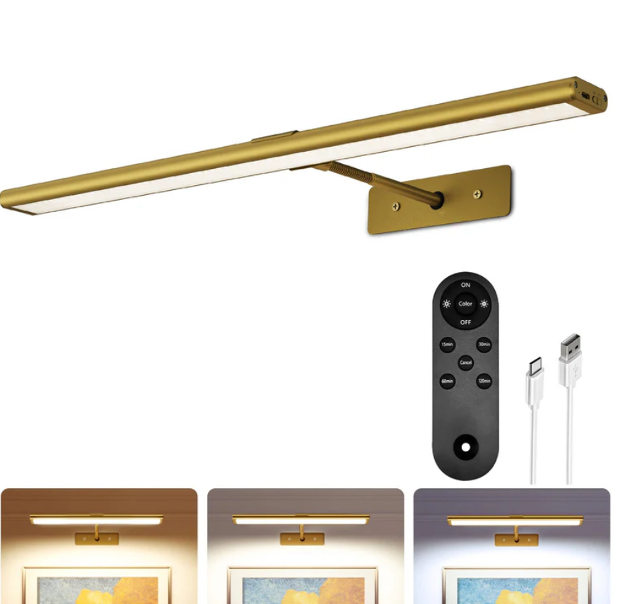 EZVALO Picture Light for Wall, 4800mAh Rechargeable Wireless Lights, 16'' Dimmable with IR Remote Magnetic LED Art Painting Light with 3 Color Temps, Display for Gallery, Living Room, Bedroom(Gold)