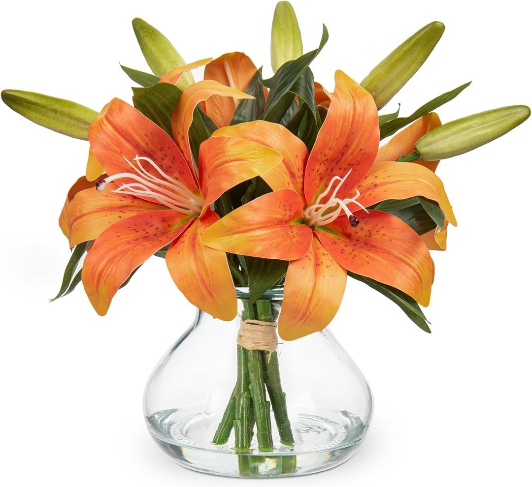 Fall Artificial Flowers Tiger Lily Real Touch with Vase Orange Easter Lily Silk Faux Flowers Arrangements in Glass Vase with Faux Water Fake Floral Bulk Lily Bouquet for Table Centerpiece Home Decor