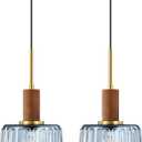 2 Pack 1 Light Industrial Modern Farmhouse Hanging Kitchen Island Pendant Ceiling Light Fixtures,Natural Wood Clear Textured Blue Glass Gold Finish Over Sink Restaurant bar Corridor