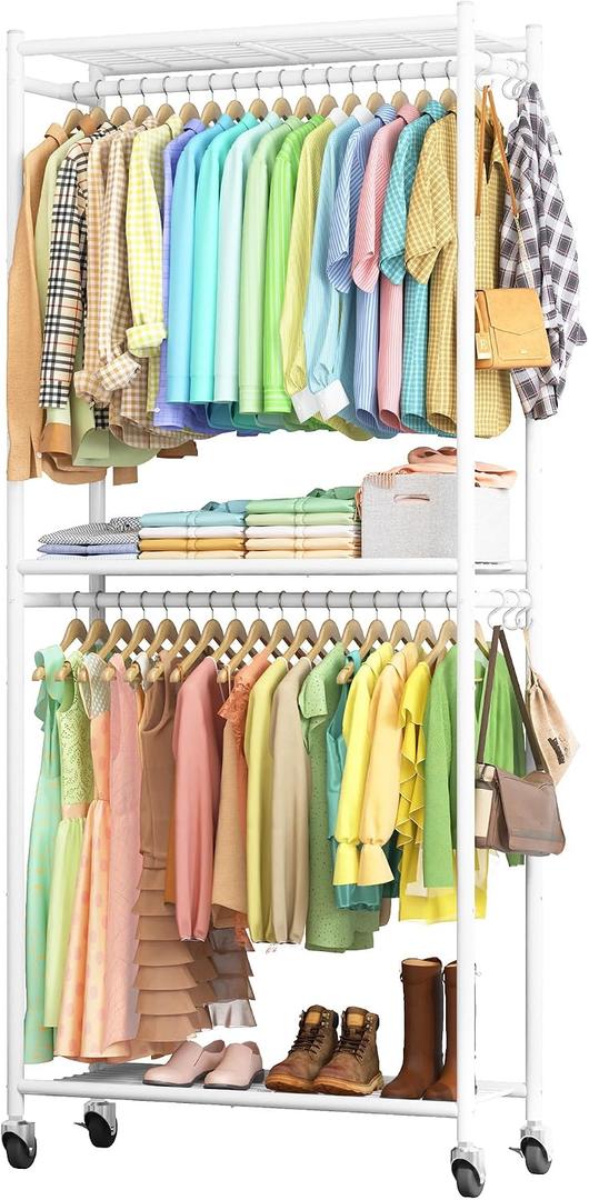 Sakugi Clothes Rack - 33.0" x 12.2" x 79.5" Clothing Rack with Shelves & Wheels, Multi-Functional Wardrobe Closet with Hooks, Sturdy Metal Garment Rack for Bedroom, Laundry, Balcony (White), Large