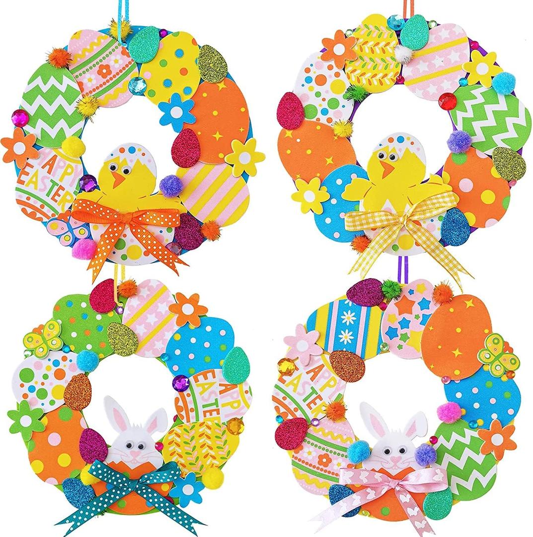 12 Sets Easter Wreath Decorations DIY Foam Easter Wreath Signs Craft Kits Easter Eggs Bunny Chick Foam Easter Stickers Pom-Poms Googly Eyes for Kids Party Favors Classroom Home Activity Art Project