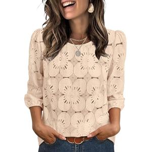 Sampeel Lace Tops for Women 3/4 Length Sleeve T Shirts Dressy Casual Ladies Work Blouses Summer Spring Tops 2026 Eyelet Western Outfits Fall Fashion Clothing Winter Old Money Clothes Apricot, Medium