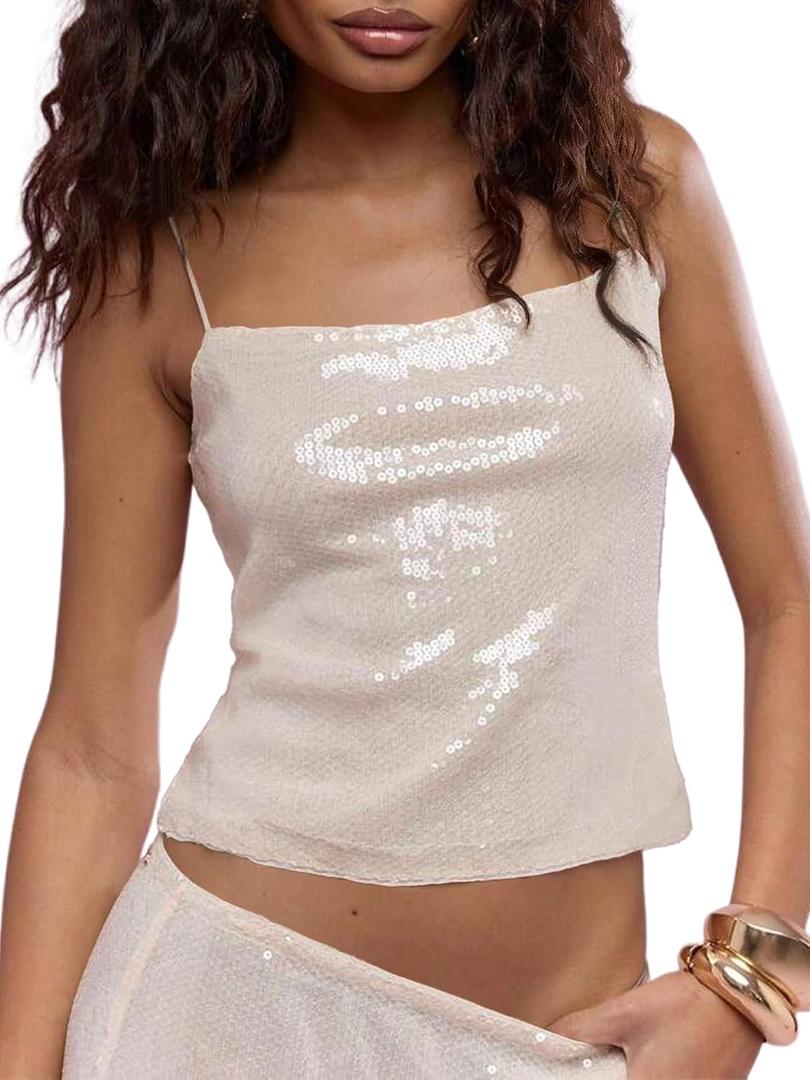 Sequin Cami Tops for Women Sparkly Spaghetti Strap Crop Tank Glitter Sleeveless Party Clubwear Shiny Going Out Tops Apricot L