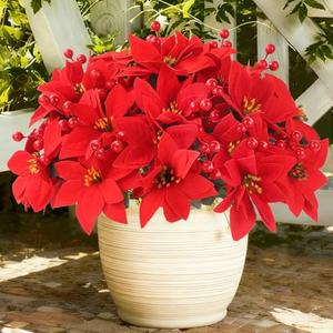 Celltestria 10pcs Poinsettia Artificial Flowers with Berry, Red Velvet Poinsettias for Christmas Tree Wreaths Decor Fake Artificial Flowers for Vase Home Indoor Outdoor Decoration