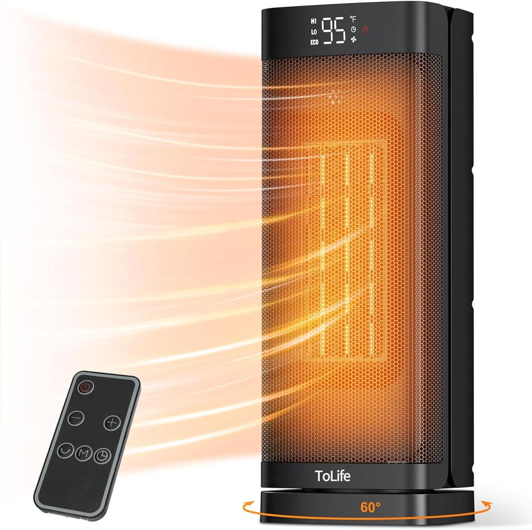 Space Heater Indoor with Thermostat, 16 inch PTC Electric Heater, 60Oscillating, 4 Modes, 12h Timer, 1500W Portable Heater for Indoor Use, Black