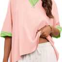 Tankaneo Womens Oversized Color Block T-Shirts Summer Casual Short Sleeve High Low Tops Flowy Loose Fit Crew Neck Shirts (Small, Pink)