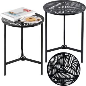 Party Zealot Set of 2 Small Round Metal Side Tables 13 Inches Black Outdoor End Tables for Patio, Balcony, Porch or Garden Weather-Resistant Corner Coffee Table for Small Spaces & Indoor Plant Stand