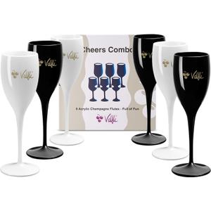 Acrylic Champagne Flutes Colorful & Reusable Plastic Champagne Glasses for Mimosa Bar, Brunch, Weddings, Parties 6-Pack Mixed Colors Stemmed Acrylic Wine Glasses (Black and White)