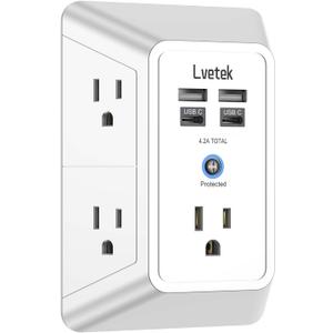 Outlet Extender, Surge Protector Outlet with 5-Multi Plug Outlet and 4 USB Ports(2 USB C), 3-Sided 1680J Power Strip Wall Charger, Multiple-Plug Outlet Splitter for Home Travel Office,ETL Listed,White