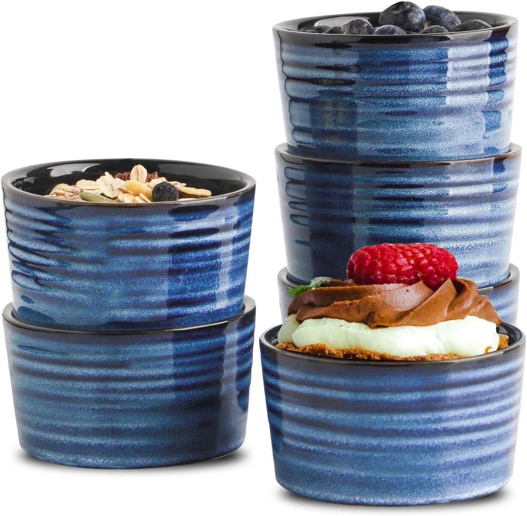 Hasense 6 oz Ramekins for Baking,Ceramic Souffle Dish Oven Safe Set of 6,Porcelain Dipping Sauce Bowls for Pudding, Creme Brulee, Souffle, Serving Dip, Custard, Ice Cream(Blue)
