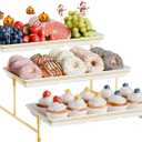 3-Tier Melamine Serving Tray Set, 14"x7" Platters for Serving Food, White Reusable Trays with Golden Metal Display Stand for Cupcakes, Sevring Food, Dessert, Fruit, Cookie, 24K Gold-Plated