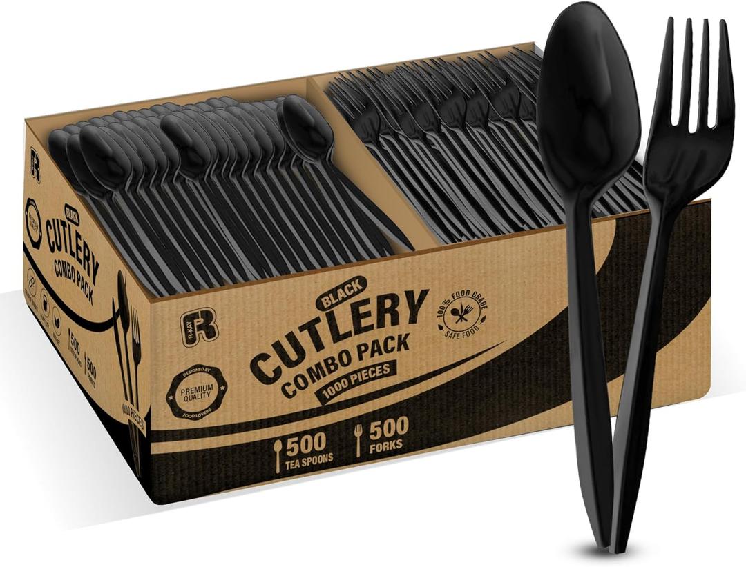 1000 Pcs Black Plastic Utensils Set - 500 Forks And 500 Teaspoons, Plastic Forks And Spoons Set - Bulk Black Cutlery Set