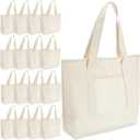 Reginary 16 Pcs Canvas Tote Bags Bulk with Outer Pocket 18 Inch Reusable Shopping Grocery Blank Tote Bag for Women Mother DIY (White)