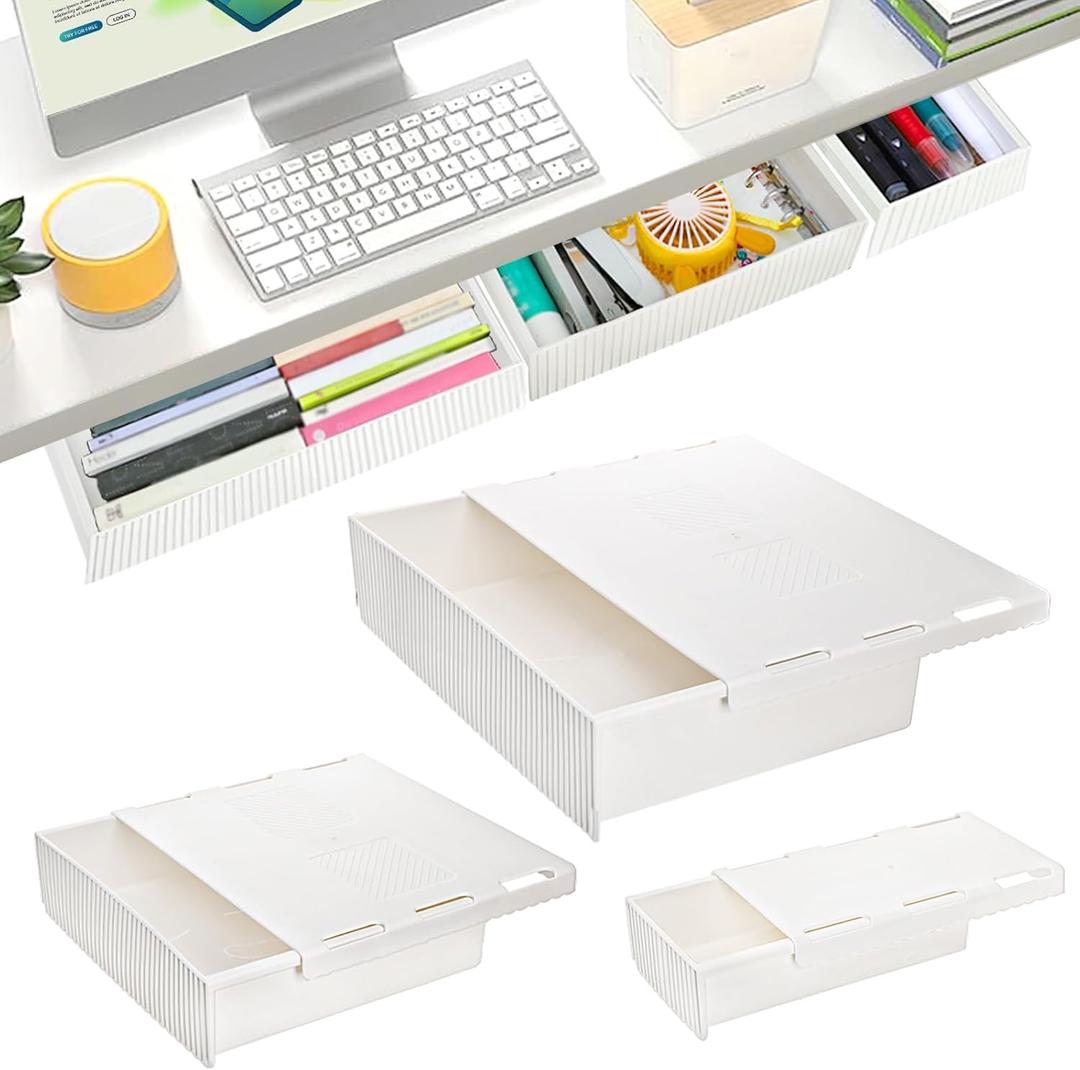 YOUEON 3 Pack Under Desk Drawer Slide Out, Self-Adhesive Under Table Drawer, Hidden Attachable Under Desk Storage Drawers, Stick on Drawers for Office, Home, School, White