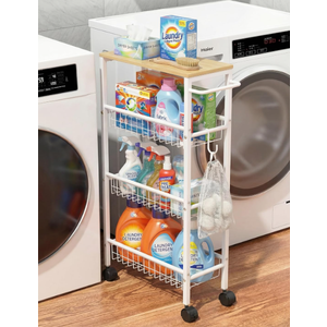 Rolling Utility Cart, 4Tier Slim Narrow Storage Cart with Wheels for Kitchen, Laundry Room Organization, Metal Bathroom Organizer with Wood Top, Natural Wood Color, 17.3" x 7.9" x 32.6"