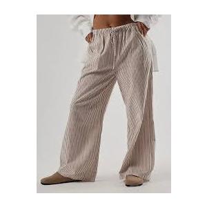 Plus Size High-Waist Striped Drawstring Wide-Leg Pants - Casual Comfortable Women's Palazzo Pants, All-Season Style, Non-Stretch Fabric, Regular Fit, Vacation Attire, Casual Attire | Striped Pattern |  Drawstring Waist, Plus Size Pants XS