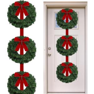 Suncalla Artificial Christmas Wreath 63" Christmas Three Wreaths with 3 Red Velvet Bow Ribbon Front Door Decoration Wall Hanging Decoration for Xmas Party Home(Classic)
