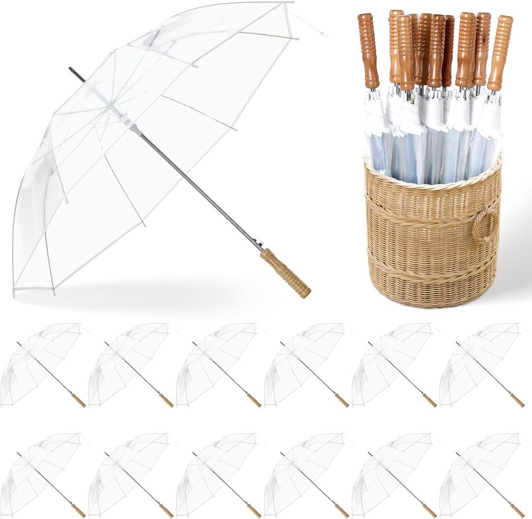 24 Pcs Wedding Umbrellas Bulk, 41 Inch Wedding Stick Umbrellas with Wooden Handle Large Canopy Windproof Rain for Bride Groom Bridal Shower Party Decor (Clear)