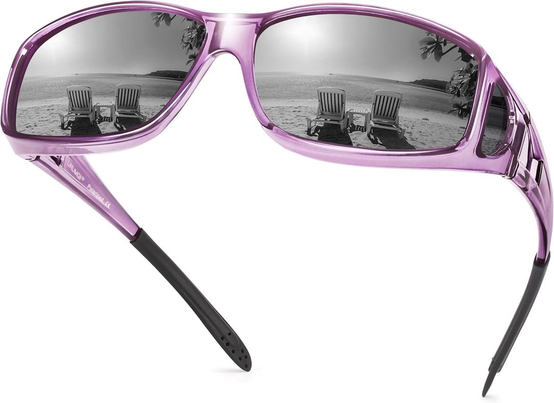 URUMQI Polarized Sunglasses Fit Over Glasses for Men Women, Wraparound Sunglasses UV400 Protection for Driving Fishing, A03 Transparent Purple Frame/Grey Lens