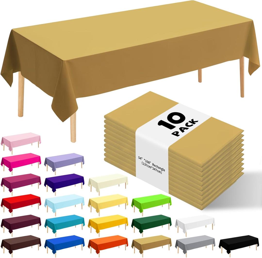 10 Pack Premium Disposable Plastic Tablecloth 54" X 108" Rectangle Table Cover for Birthdays Weddings Christmas Anniversary Buffet Table (Gold)
