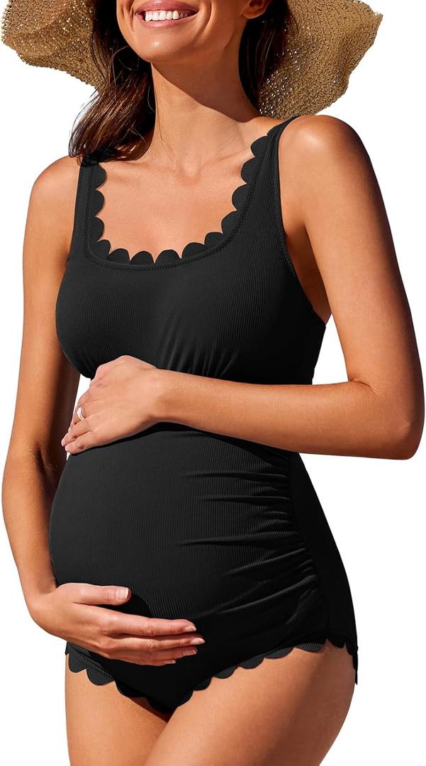Summer Mae Ribbed Maternity One Piece Swimsuit Scalloped Cut Out Pregnancy Bathing Suit Square Neck (Medium, Black)