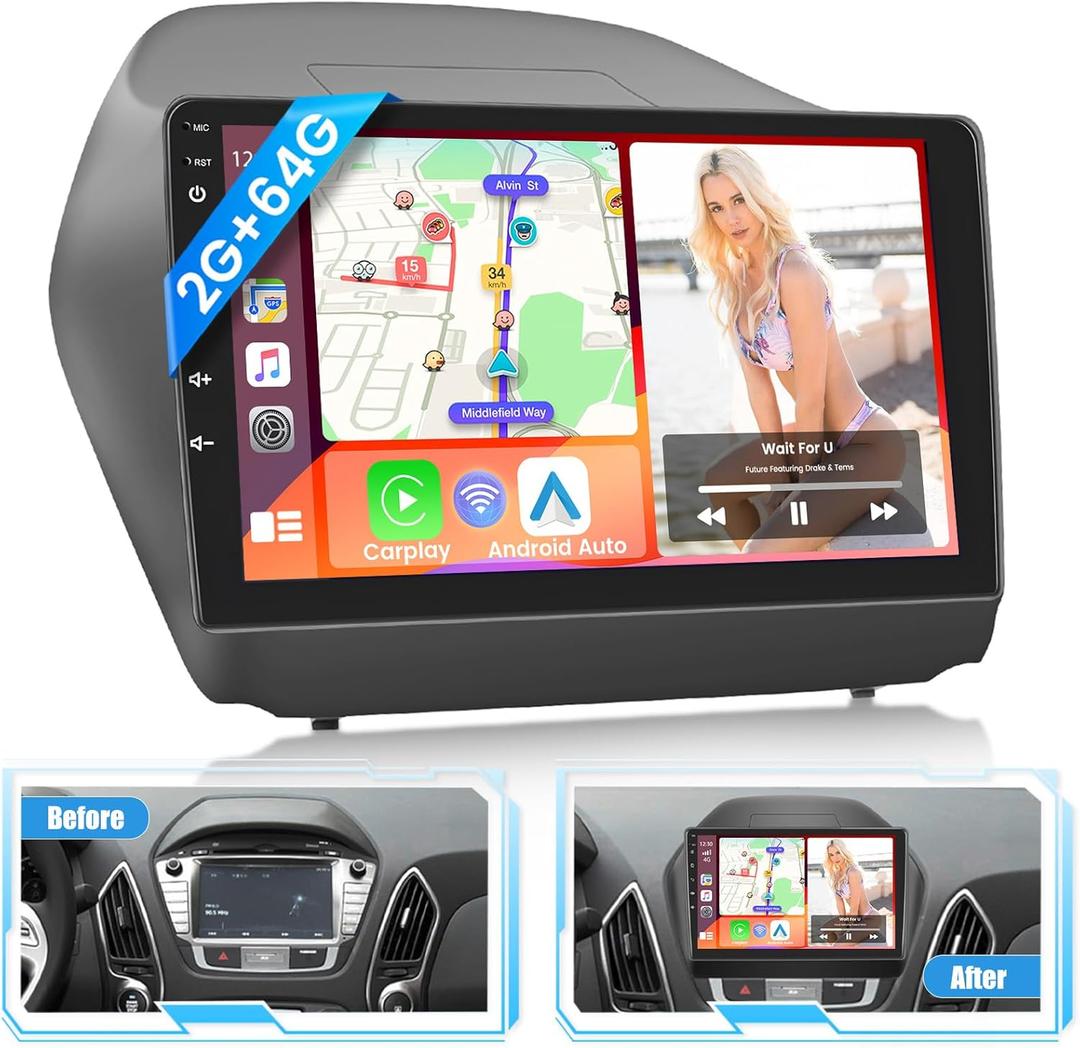 Car Radio for Hyundai Tucson IX35 2010 2011 2012 2013 2014 2015, 10.1 Inch Car Stereo Wireless Carplay Android Auto, Android 13 System, 2+64GB, Touch Screen Bluetooth Car Radio GPS WiFi Free Camera