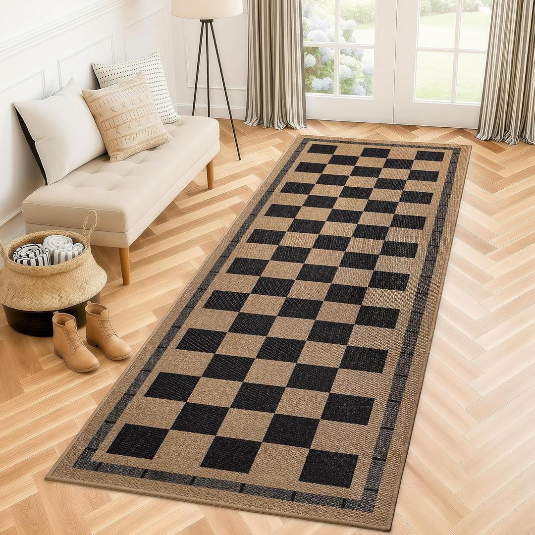 Vasofe 2x6 Jute Checkered Rugs, Outdoor Runner, Runner Rug for Hallway, Washable Patio Porch Balcony Runners Indoor Bedroom Kitchen Laundry Mat, Non Slip Plaid Farmhouse Carpet, Black and Brown