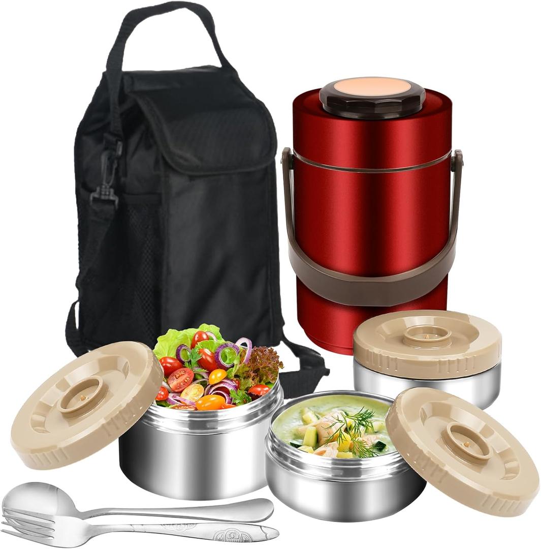 SSAWcasa Thermos for Hot Food, 3 Layered 67oz Adult Stackable Food Jar, Insulated Wide Mouth Sealed Soup Container w/Lunch Bag Cutlery, Stainless Steel Travel Bento Lunch Box for Office Outdoor Meal
