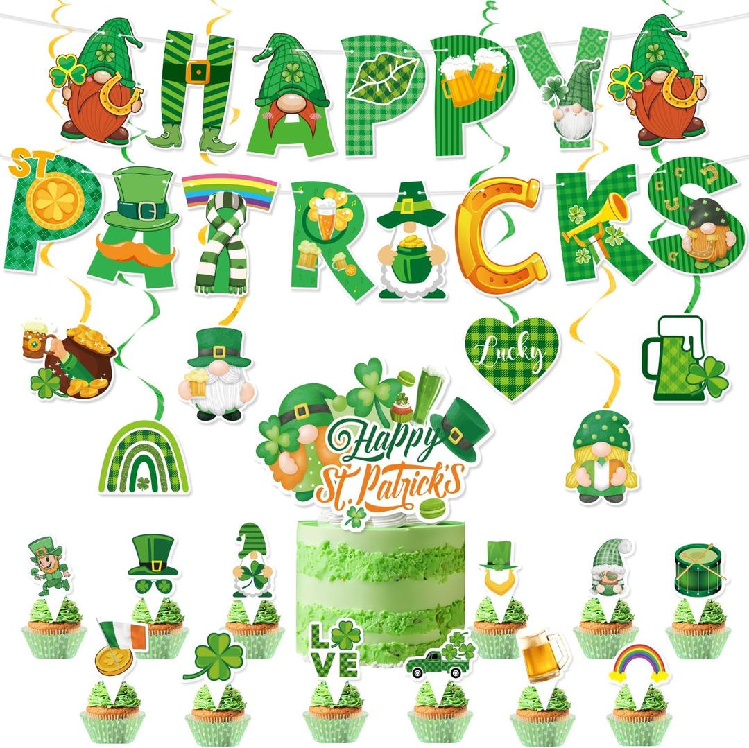 Happy St. Patrick's Day Banner Set, Lucky Clover Irish Supplies Lucky Hanging Swirls and Cupcake Toppers, St Patricks Day Decorations for Home Classroom Party