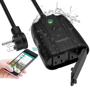 Outdoor Smart Plug Waterproof, TESSAN Smart WiFi Outlet Compatible with Alexa, Google Assistant, 2 Individual Sockets Outside Power Strip with Switch, 2.4GHz Wi-Fi Only, for Lights and 2HP Pool Pump (Black)