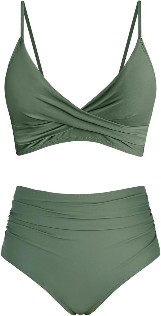 Amy Babe Women's High Waisted Bikini Sets Push Up Twist Front Spaghetti Straps Ruched Two Piece Swimsuit Bathing Suit, Medium, Olive