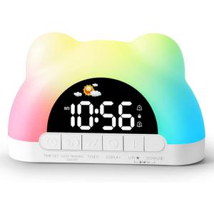 Hournor Kids Alarm Clock, Ok to Wake Alarm Clock for Kids, Toddlers Sleep Training Clock with 12 Colors Night Light for Bedroom, Sound Machine, Birthday Gift for Boys Girls Children(Adapter Include) (White)