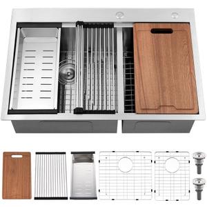 33 Inch Double Bowl Drop In Kitchen Sink Workstation-Bokaiya 33x22 Stainless Steel 60/40 Double Bowl Kitchen Sink 16 Gauge Deep Low Divide Double Sink with Cutting Board, 33 W X 22 D X 10 H