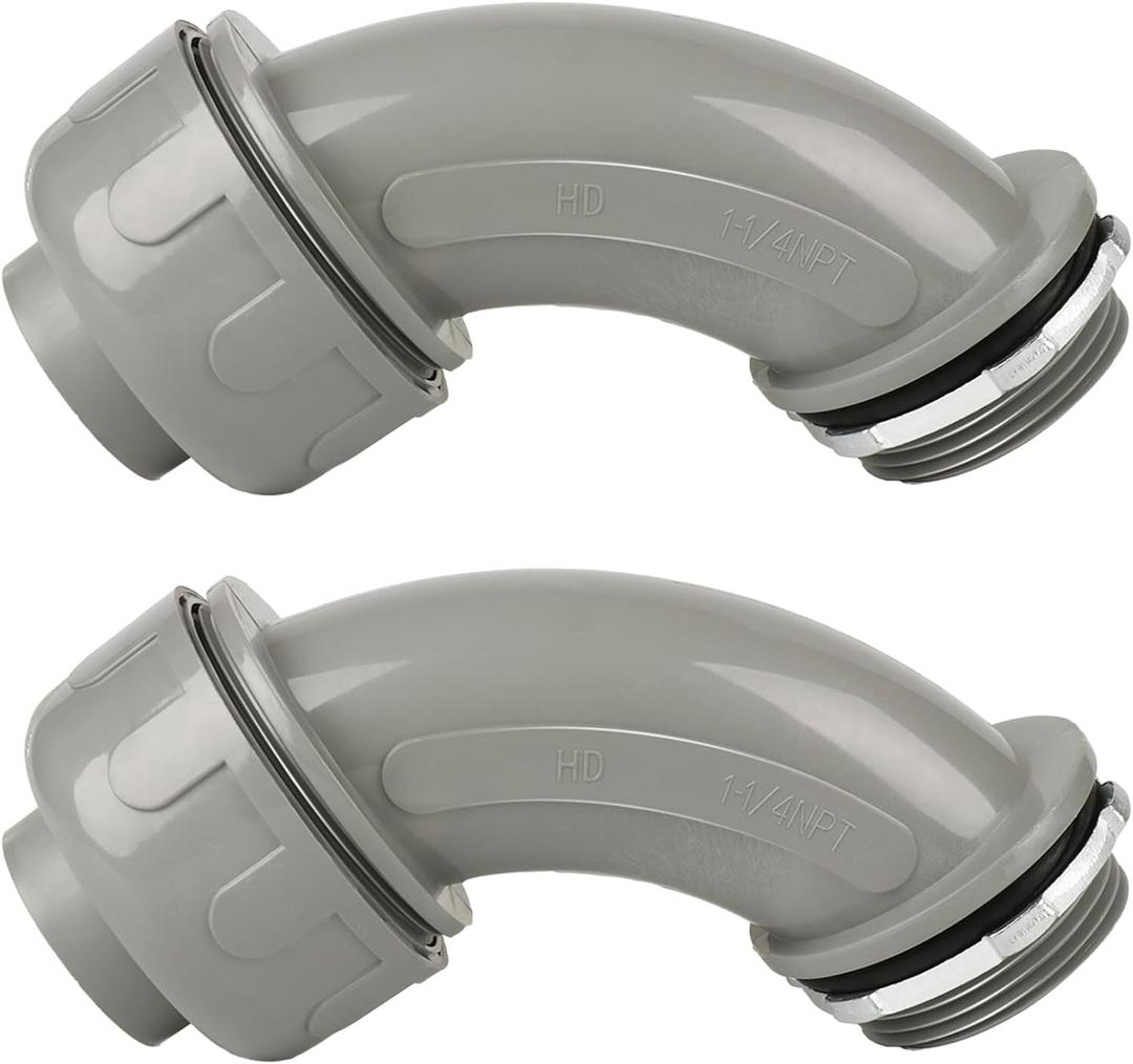 Conduit Connectors, 1-1/4 Inch Liquid Tight Connector NPT Non-Metallic for PVC Electrical Flexible Conduit Fittings, 90 Degree, UL Listed for Home Outdoor Tubes Tools, Grey (2-Pack)