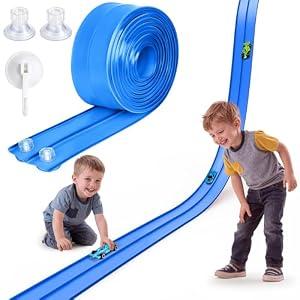 Flex Track 15 Ft Portable Flexible Race Car Track with Strong Suction Cups – Compatible with Hot Wheels & 1/ 64 Diecast Cars–Easy Storage, Indoor & Outdoor Play Flexible Car Tracks for Kids（Blue）