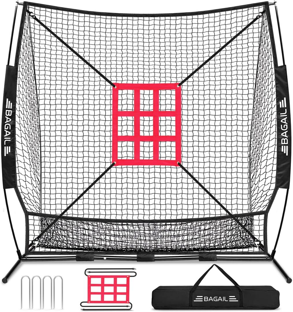 BAGAIL 7x7 ft Baseball Softball Practice Net
Sturdy Bow Frame, Heavy-Duty Mesh for Strong Hits, Including 2 Strike Zones, Carry Bag, Ground Stakes, Quick 2-Min Setup